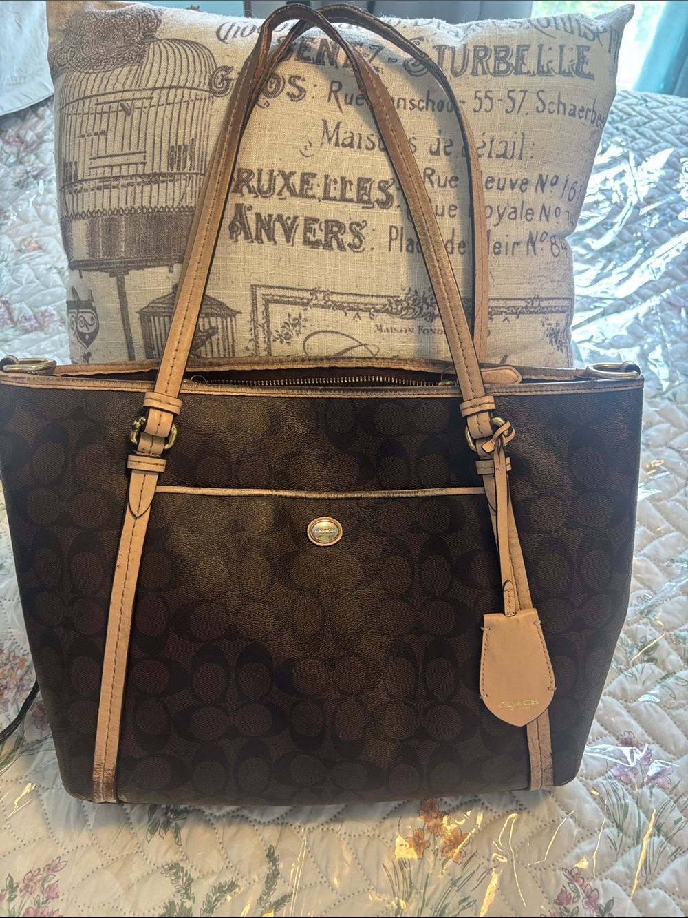 Project bag…sold as is Coach Brown Signature Canvas Tote with Tan Leather Trim